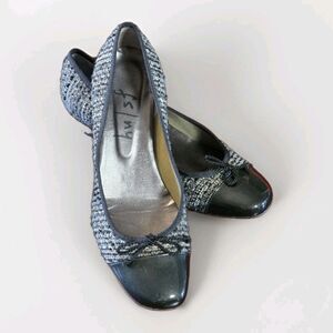 FS/NY French Sole Black Twill 1.5" Wedge Heel Shoe Sz 9 Patent Leather Cap Toe